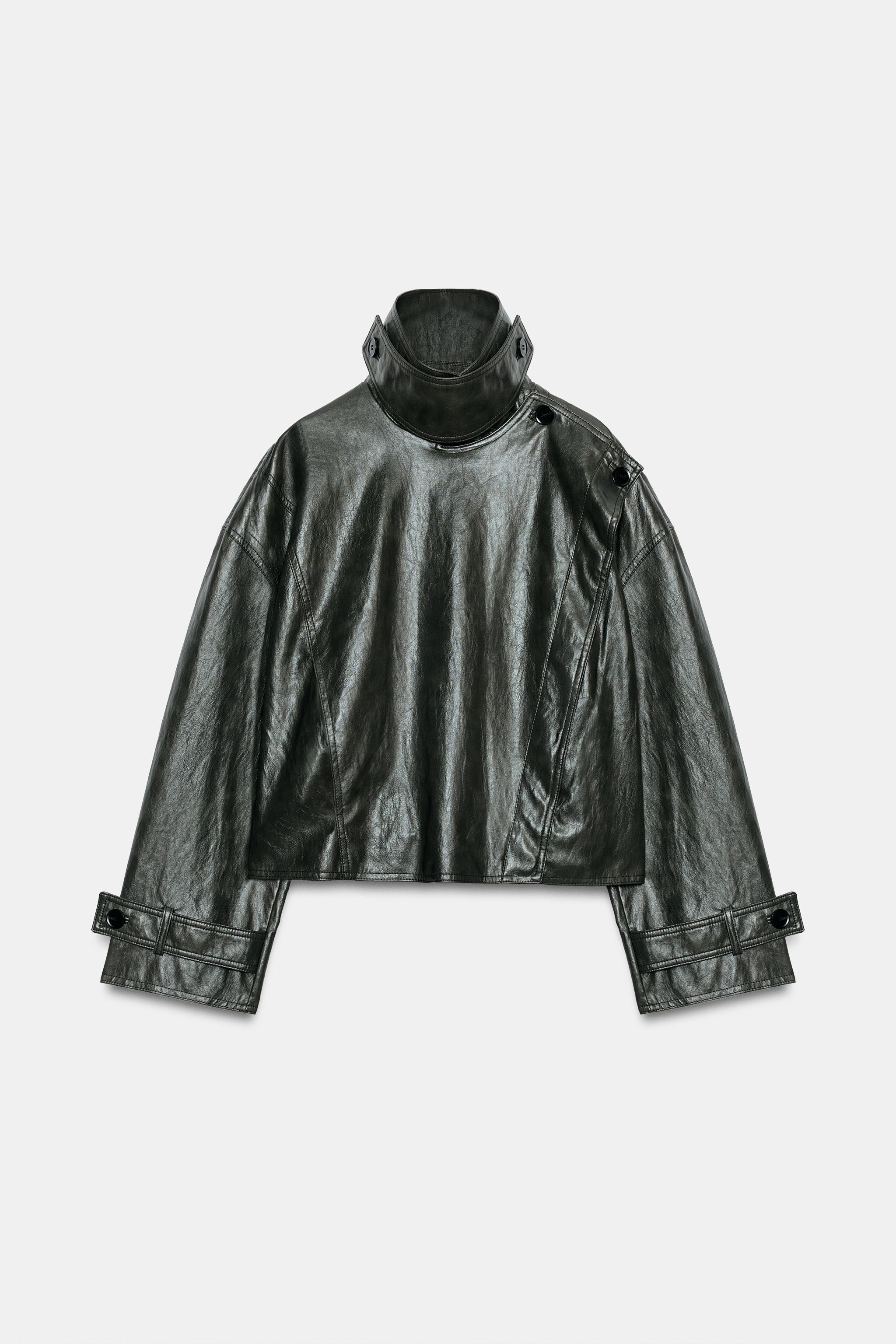 DOUBLE-BREASTED LEATHER EFFECT JACKET - Dark khaki | ZARA South Africa