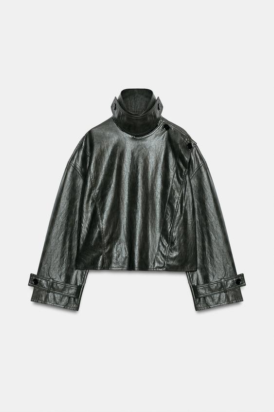 CAZADORA EFECTO PIEL CRUZADA - Khaki oscuro de Zara - Imagen 0