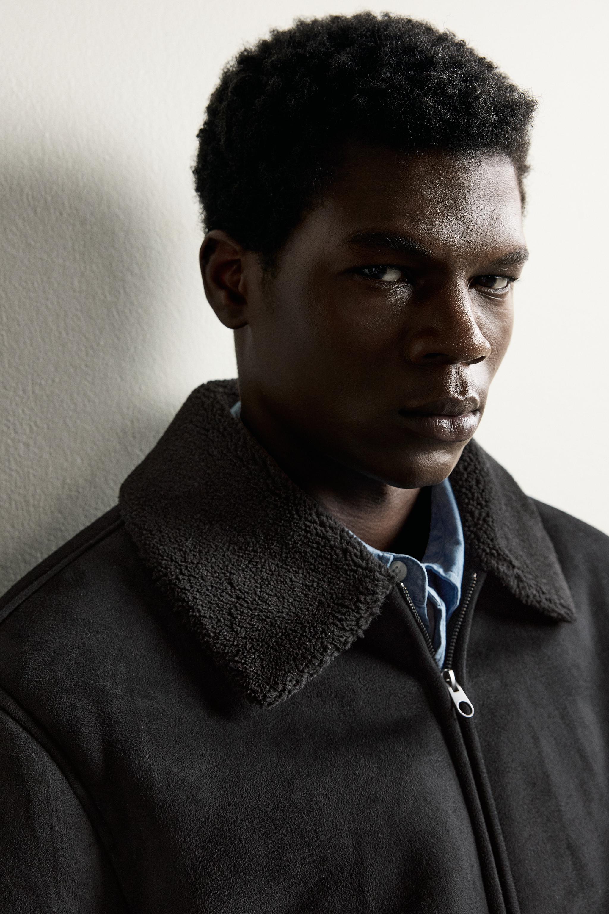 CONTRAST FAUX-SHEARLING FAUX LEATHER-EFFECT JACKET