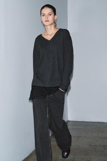 LONG KNIT JUMPER WITH LACE DETAIL - Grey by Zara