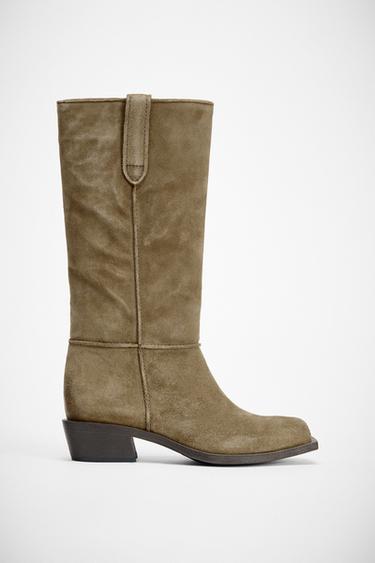 TOPSTITCHED SPLIT SUEDE BOOTS - Grey by Zara