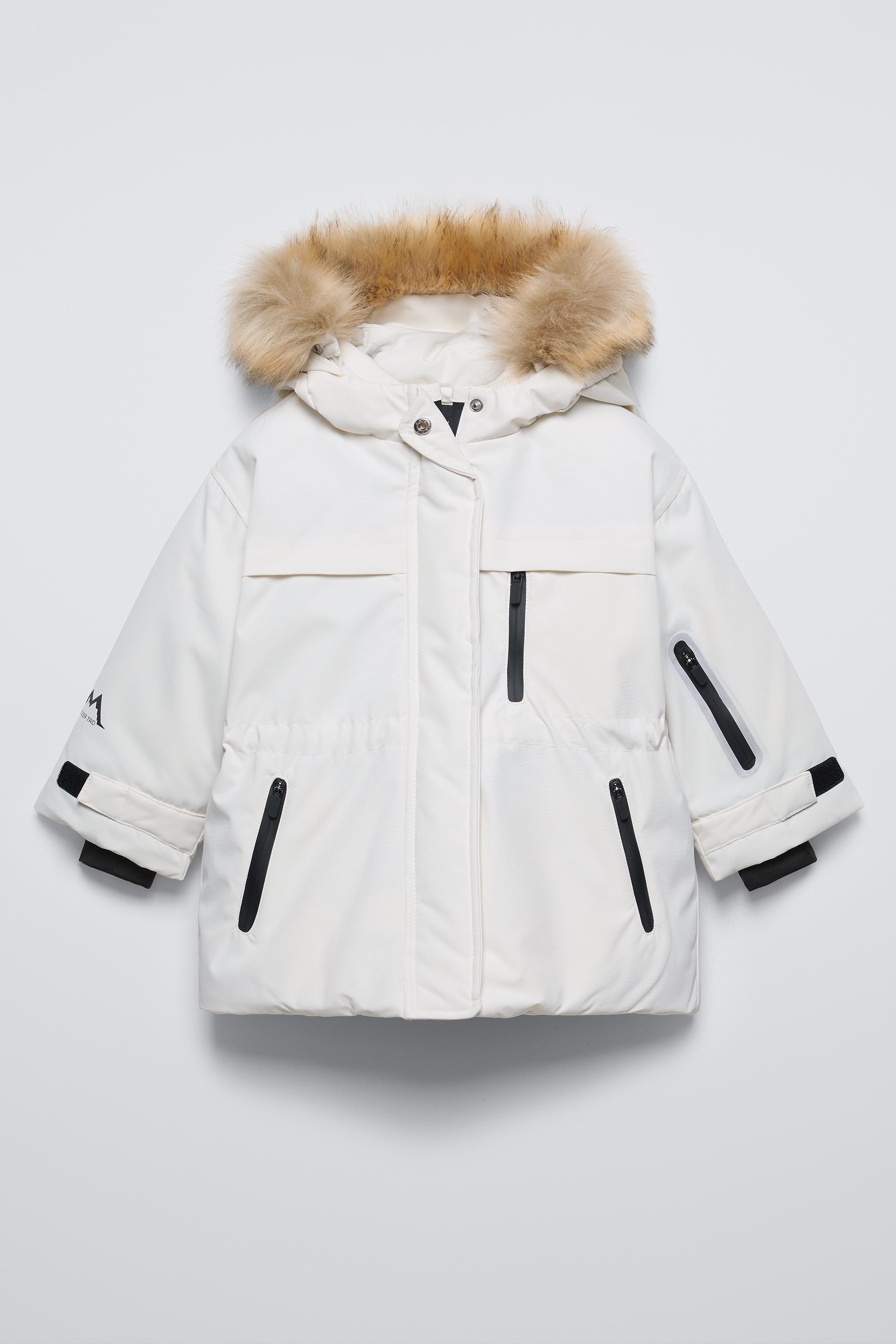 Zara Water Repellent and Windproof Faux Fur Hood Snow Jacket Ski Collection Oyster White Kids