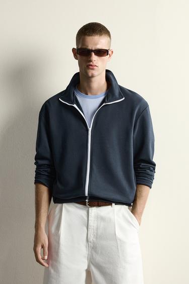 RELAXED FIT CONTRAST ZIP SWEATSHIRT - Blue by Zara