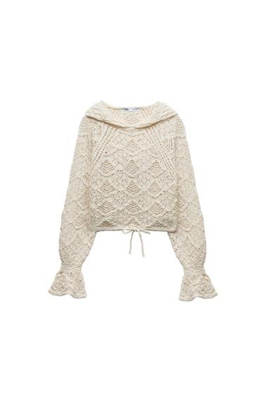 HOODED POINTELLE KNIT SWEATSHIRT