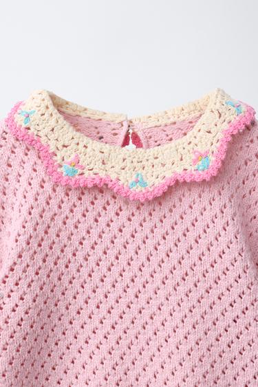 KNITTED JUMPER WITH CROCHET COLLAR - Pink by Zara - Image 2