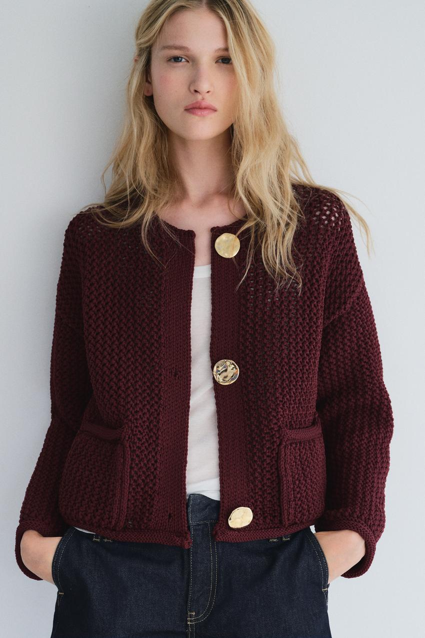 CHUNKY KNIT CARDIGAN - Maroon | ZARA United States