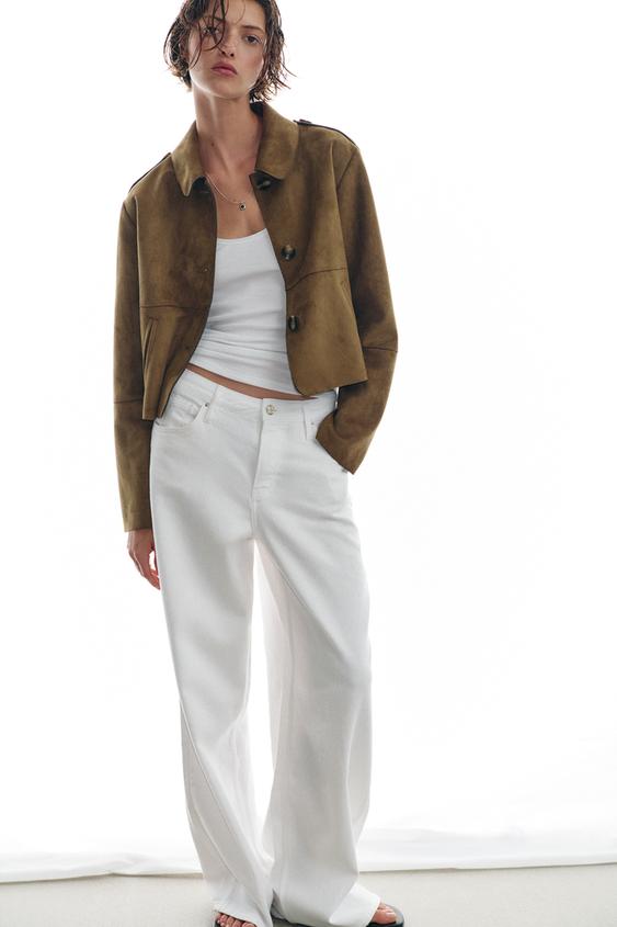 SHORT FAUX SUEDE JACKET - Dark khaki by Zara - Image 0