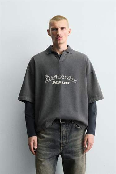 Zara EMBROIDERED TEXT POLO SHIRT - Gray