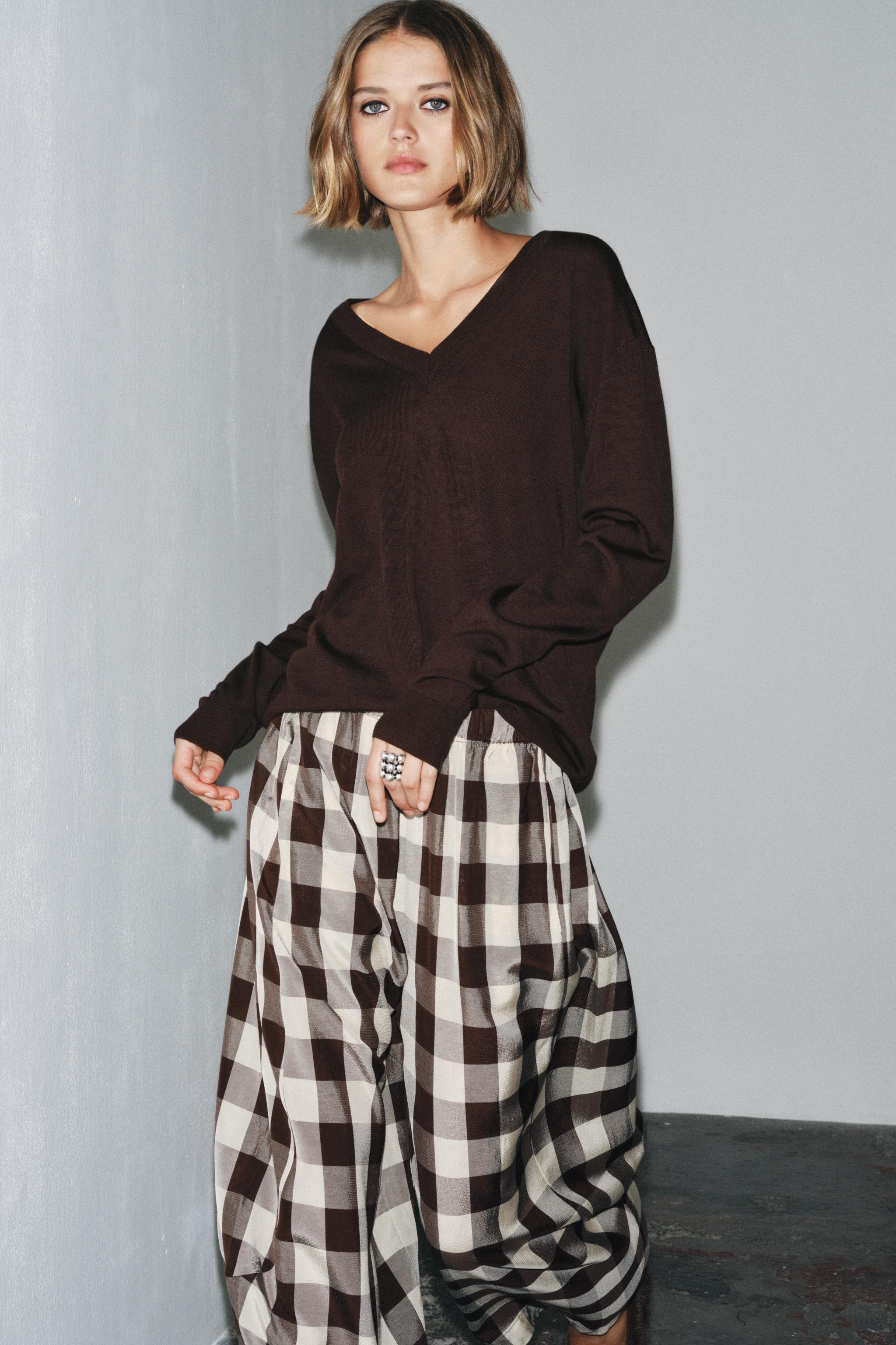 ZW COLLECTION GINGHAM PLAID PANTS - Brown / Ecru | ZARA Canada
