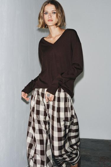 ZW COLLECTION GINGHAM CHECK TROUSERS - Brown / Ecru by Zara - Image 3