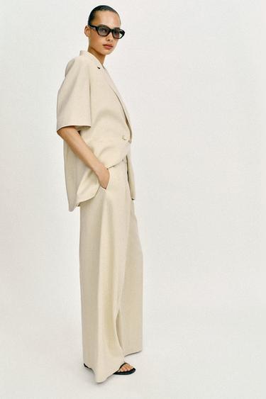 LINEN BLEND WIDE-LEG TROUSERS - Light beige by Zara - Image 3