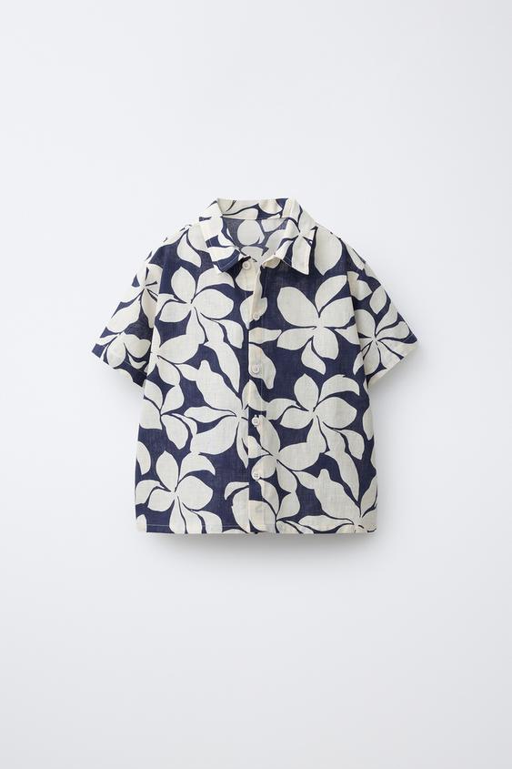 CAMISA ESTAMPADA FLORES CON ALGODÓN Y LINO - Marino de Zara - Imagen 0