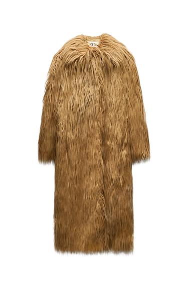 Front view of a light brown fur long coat with no visible closure.