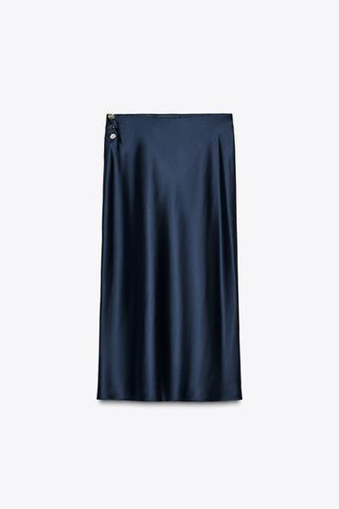 Zara SATIN EFFECT PRINT MIDI SKIRT - Dark navy