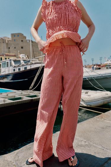 Zara GINGHAM WIDE LEG PANTS - White / Red