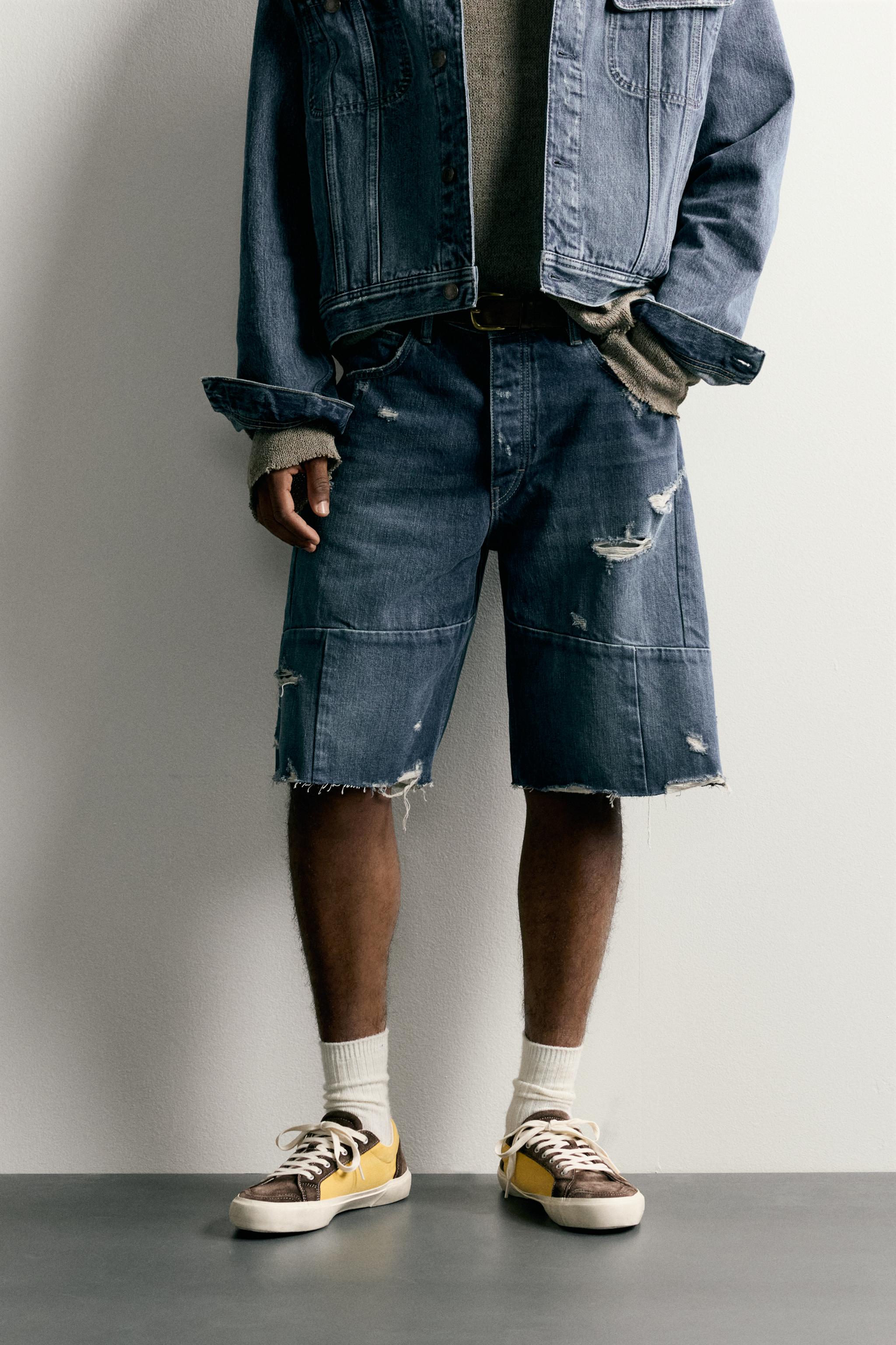 BAGGY FIT SEAMED DENIM SHORTS — Blue