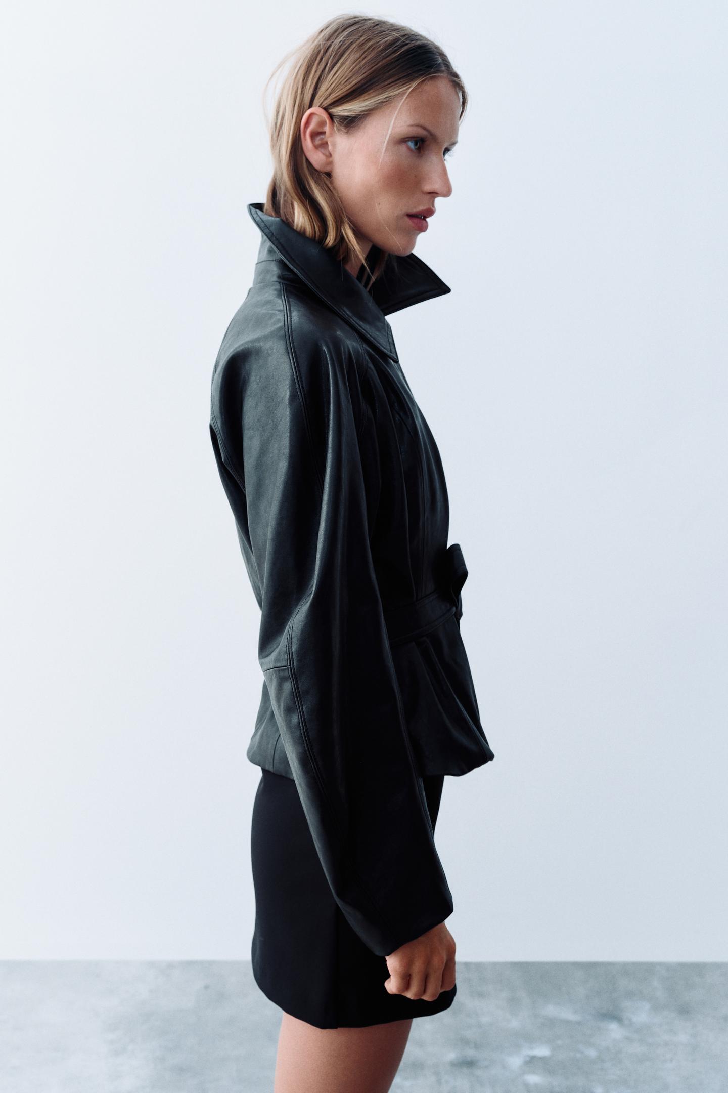 Женская куртка Zara Leather-Effect Belted, цвет: Чёрный — фото 4