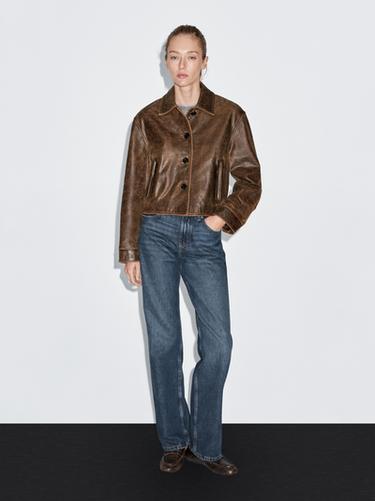 Zara Distressed effect nappa leather cropped jacket - Brown - Image 0
