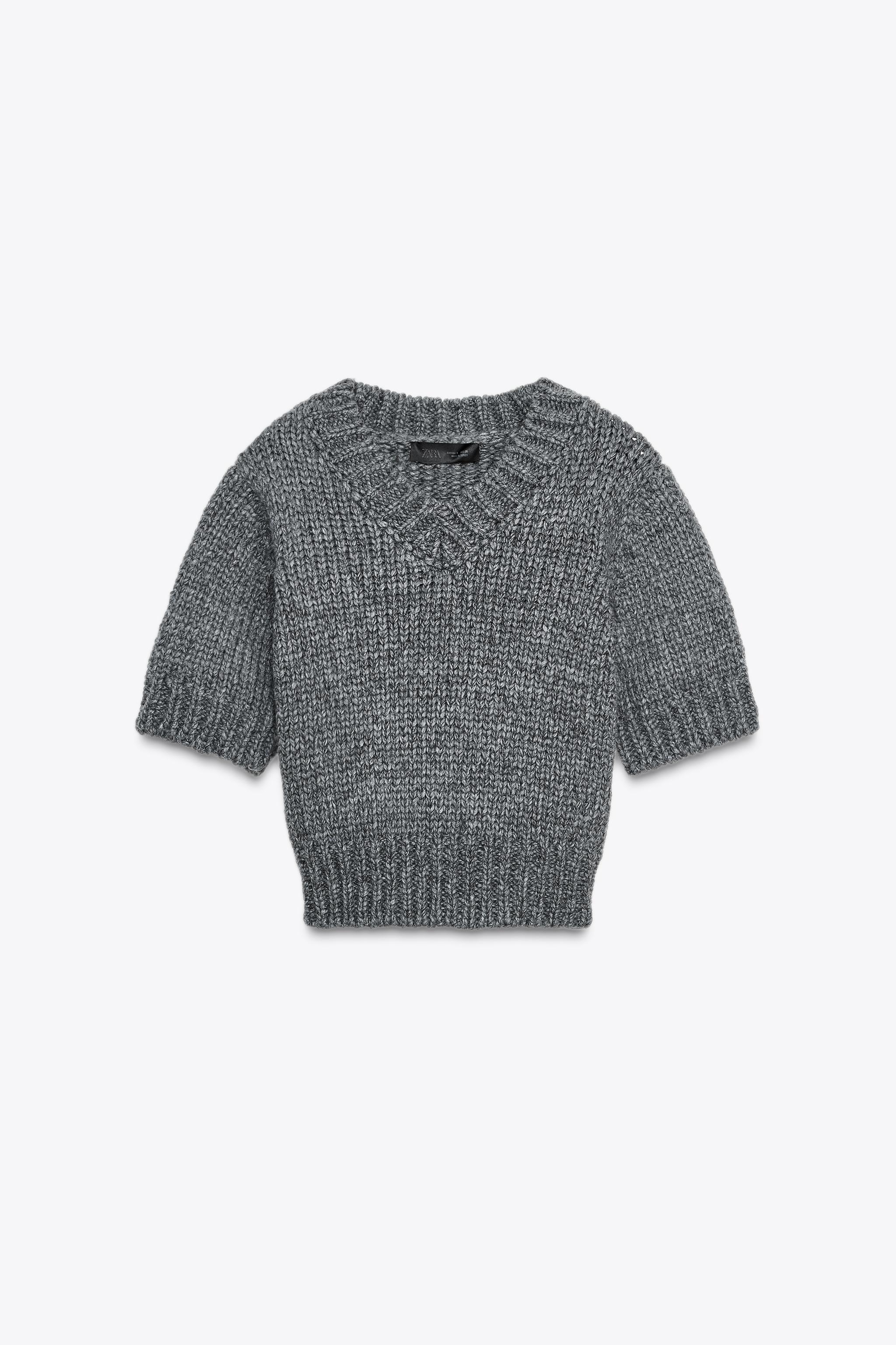 CROPPED KNIT V-NECK SWEATER Gray ZARA United States