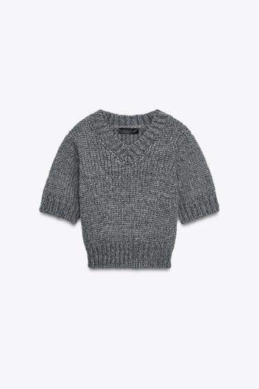 CROPPED KNIT V-NECK SWEATER - Grey by Zara - Image 4