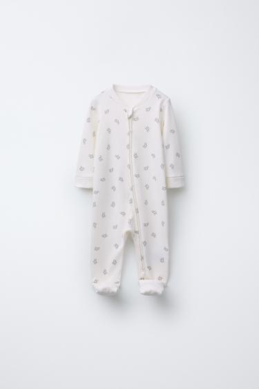 Zara 0-18 MONTHS/ LAMB PRINT ONE-PIECE PAJAMAS - Ecru