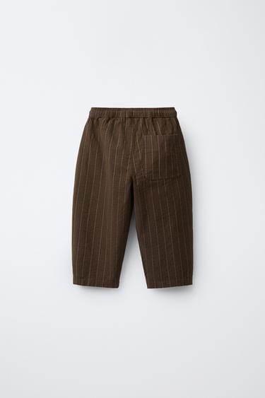 STRIPED TEXTURED BAGGY TROUSERS - Brown by Zara - Image 1