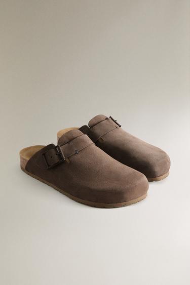 LEATHER CLOGS WITH BUCKLE AND TOPSTITCHING DETAIL - Dark Grey by Zara - Image 1