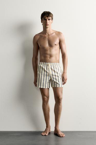 STRIPED MID-LENGTH SWIMMING TRUNKS - Ecru / Blue by Zara - Image 0