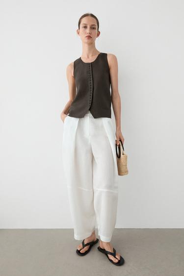 Pantalon fluide à coutures lin - Blanc de Zara
