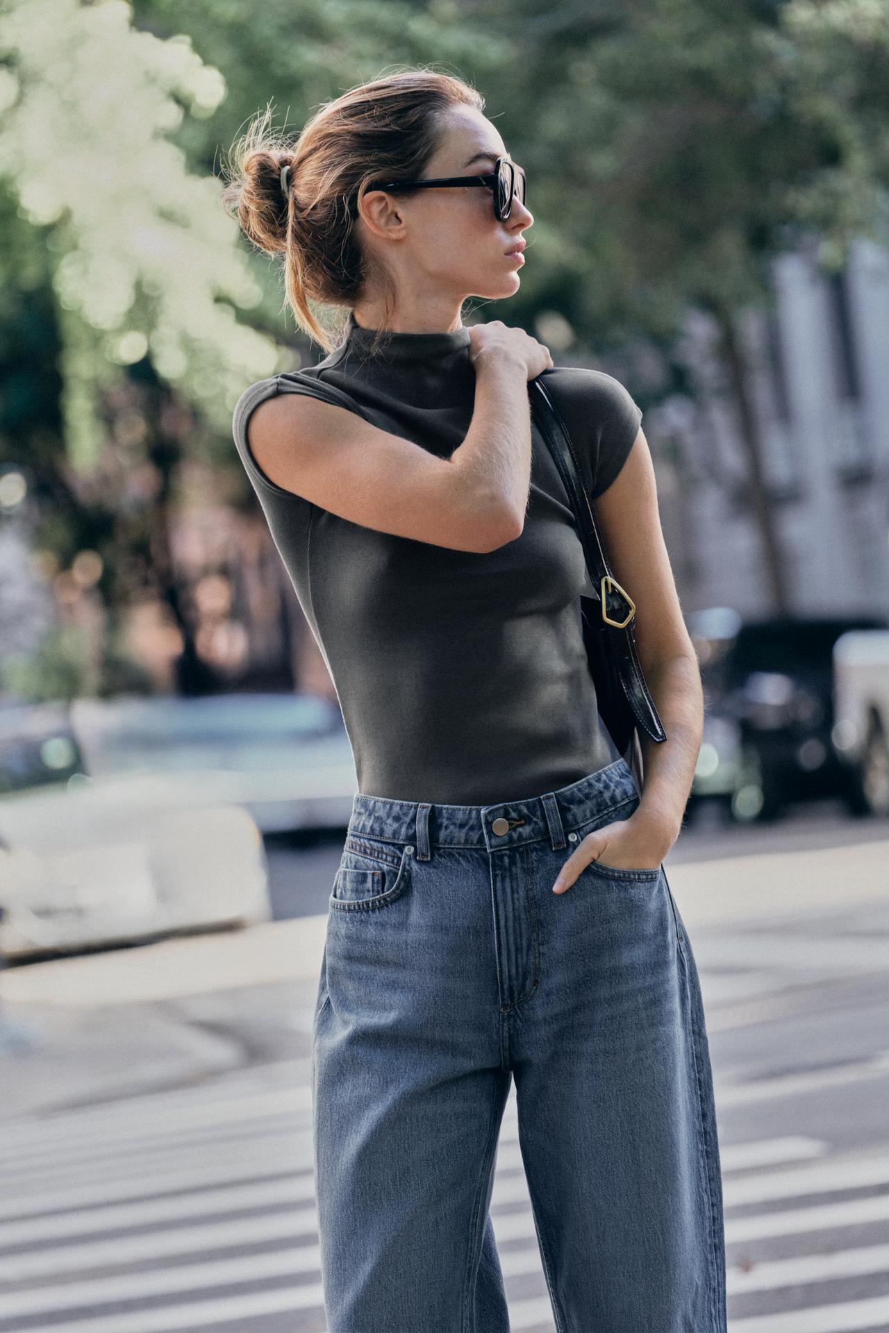 LYOCELL BLEND MOCK NECK TOP — Blue gray