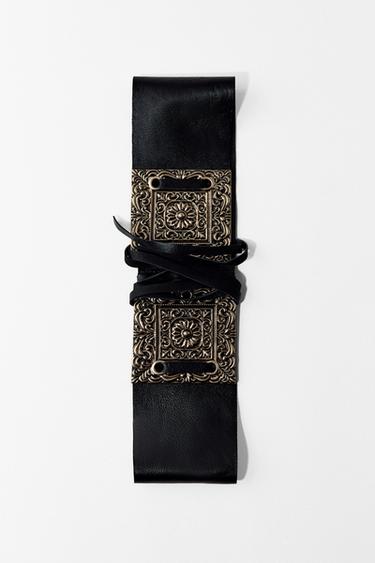 Zara WIDE LEATHER BELT WITH ENGRAVED BUCKLE - Black
