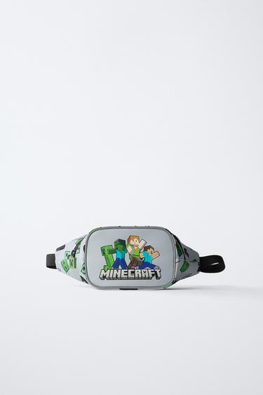 Vorderansicht einer grauen Gürteltasche mit Minecraft-Figurenaufdruck und dem Text "Minecraft" auf der Vorderseite.