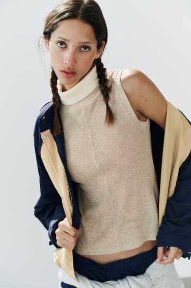 Zara HIGH-NECK MIXED T-SHIRT - Sand / Marl