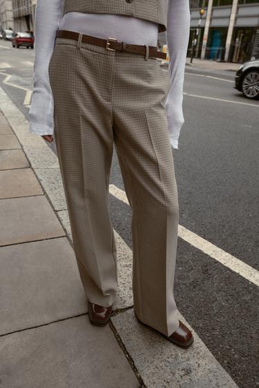 PANTALON À CARREAUX CEINTURE - Beige / Bleu marine de Zara - Image 1