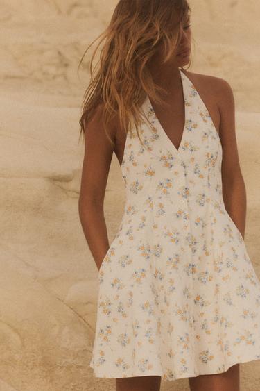 Zara FLORAL PRINT POPLIN DRESS - white-orange