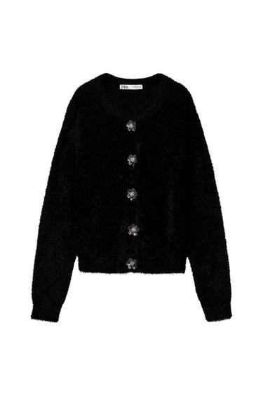 FAUX FUR KNIT CARDIGAN WITH FLORAL BUTTONS