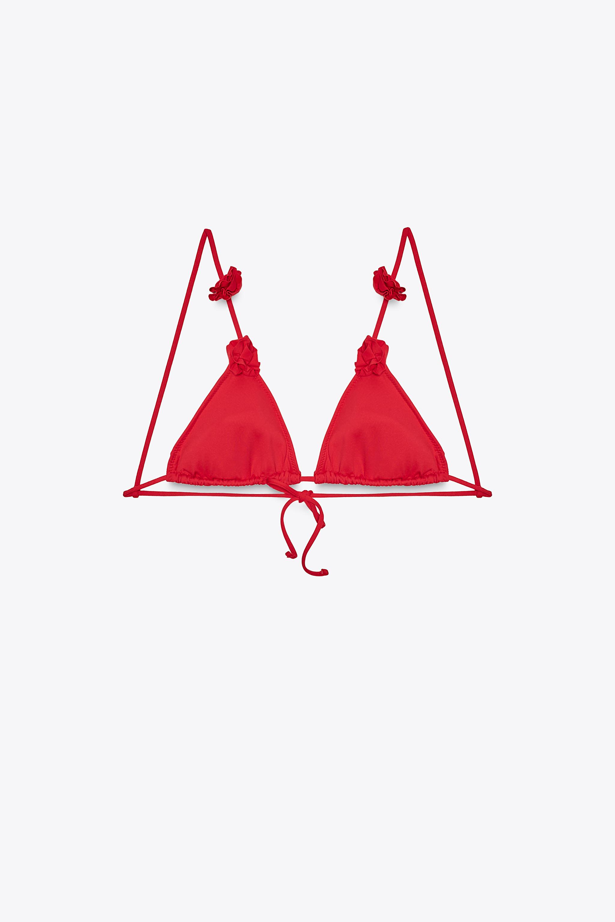 RAISED FLORAL TRIANGLE BIKINI TOP - Czerwony | ZARA Polska