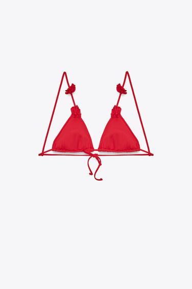RAISED FLORAL TRIANGLE BIKINI TOP - أحمر الخاص بـ Zara