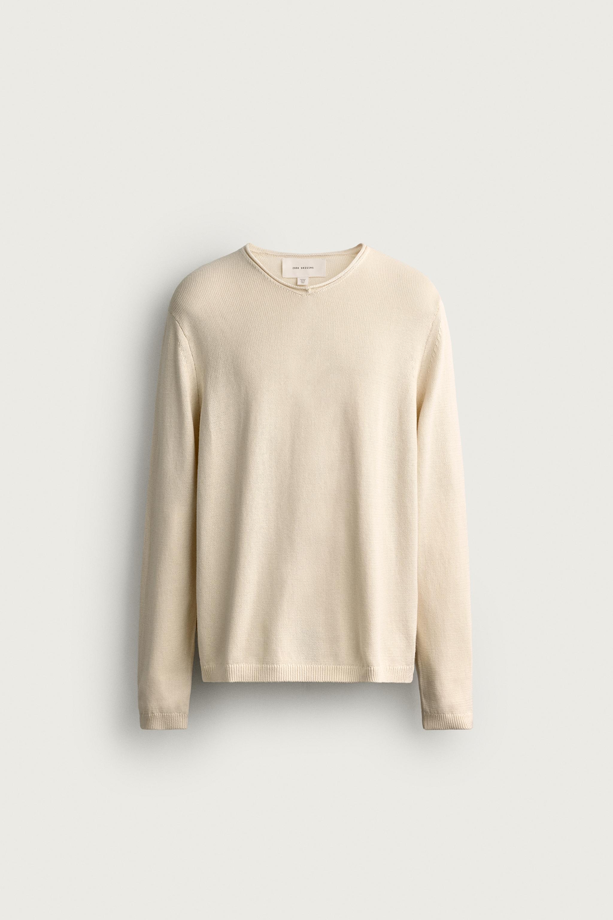 RELAXED FIT COTTON V-NECK SWEATER — Ecru