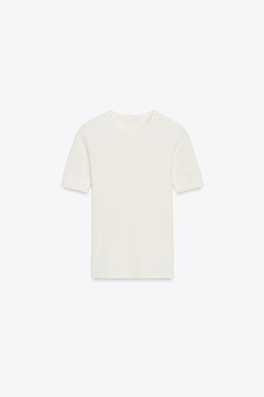 GERIBBELDE T-SHIRT MET KORTE MOUWEN - Ecru van Zara