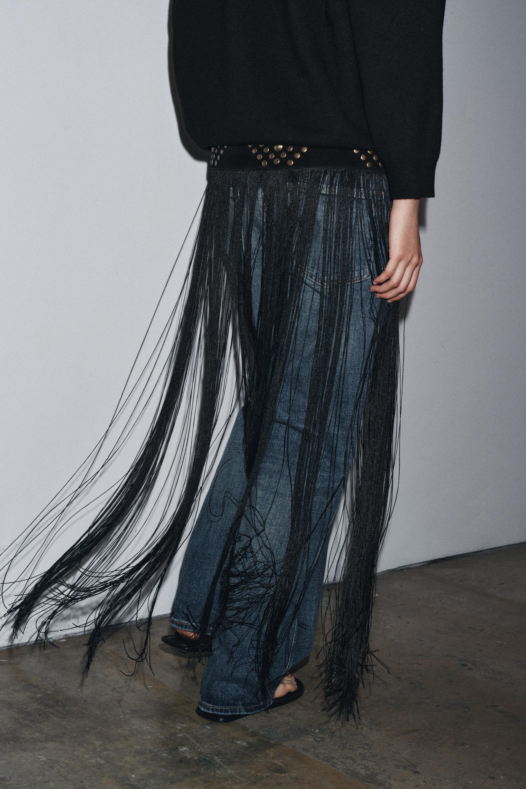 100% LEATHER WAIST BELT WITH STUDS AND FRINGES - Black 