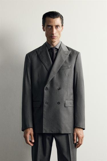 100% WOOL STRIPED SUIT BLAZER — Gray / Blue 2