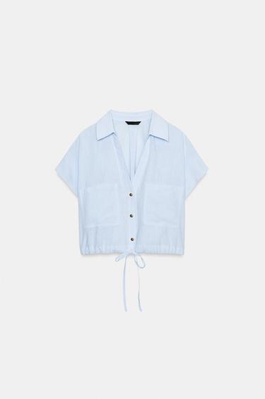 ÁO SƠ MI NGẮN CÓ DÂY RÚT - Màu xanh da trời từ Zara