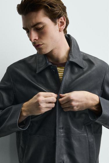 BLOUSON EN CUIR COUPE DÉCONTRACTÉE - Bleu de Zara - Image 4