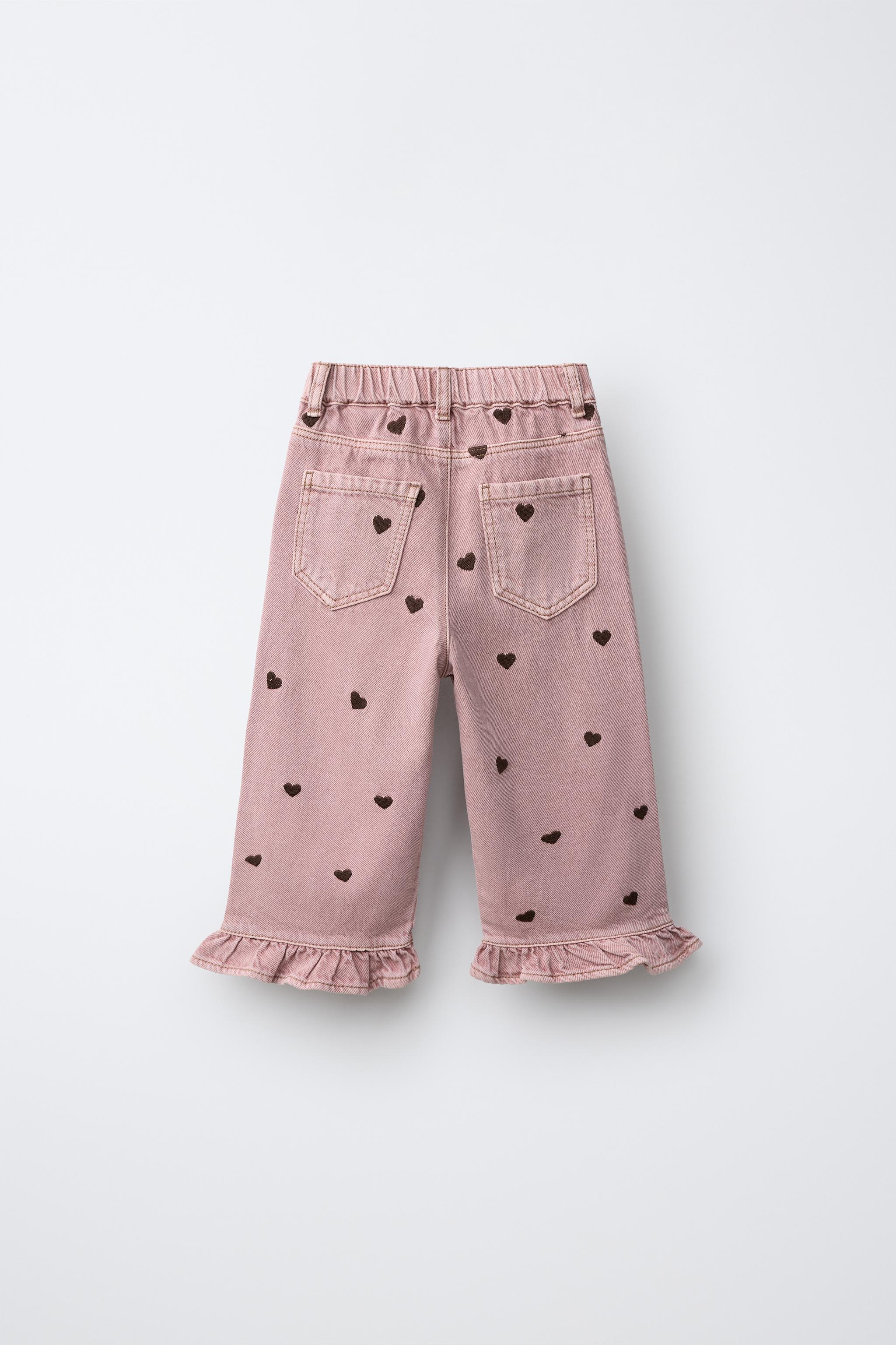 EMBROIDERED HEART RUFFLE CULOTTE JEANS — Dusty pink