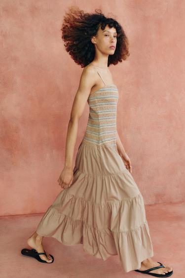 EMBROIDERED SMOCKED MIDI DRESS - Dark beige by Zara - Image 6