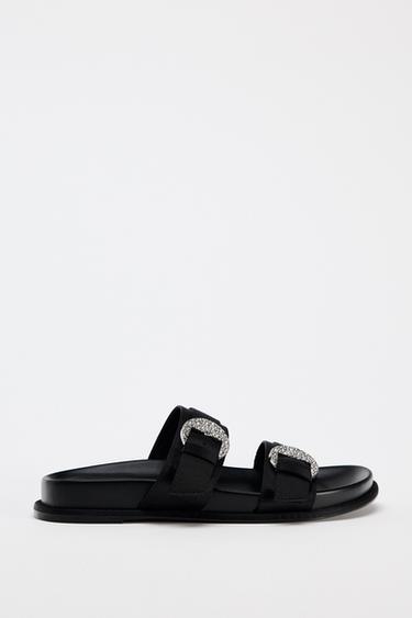 Zara RHINESTONE BUCKLED SANDALS - Black