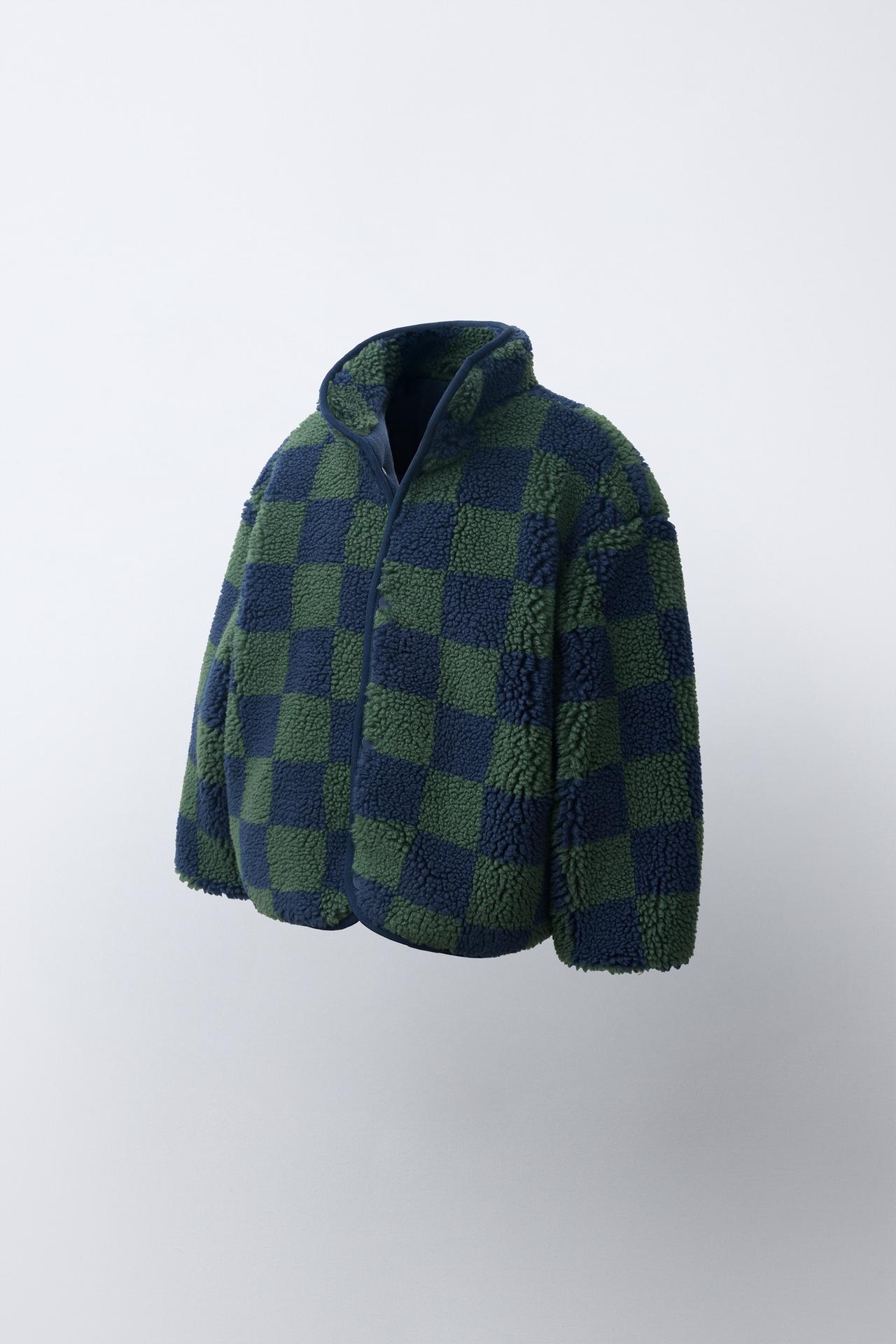 CHECKERED FAUX SHEARLING JACKET — Blue