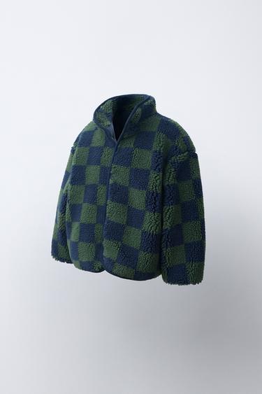 CHECKERED FAUX SHEARLING JACKET — Blue 2