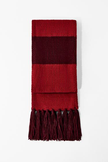 Zara STRIPED FRINGED KNIT SCARF - Red